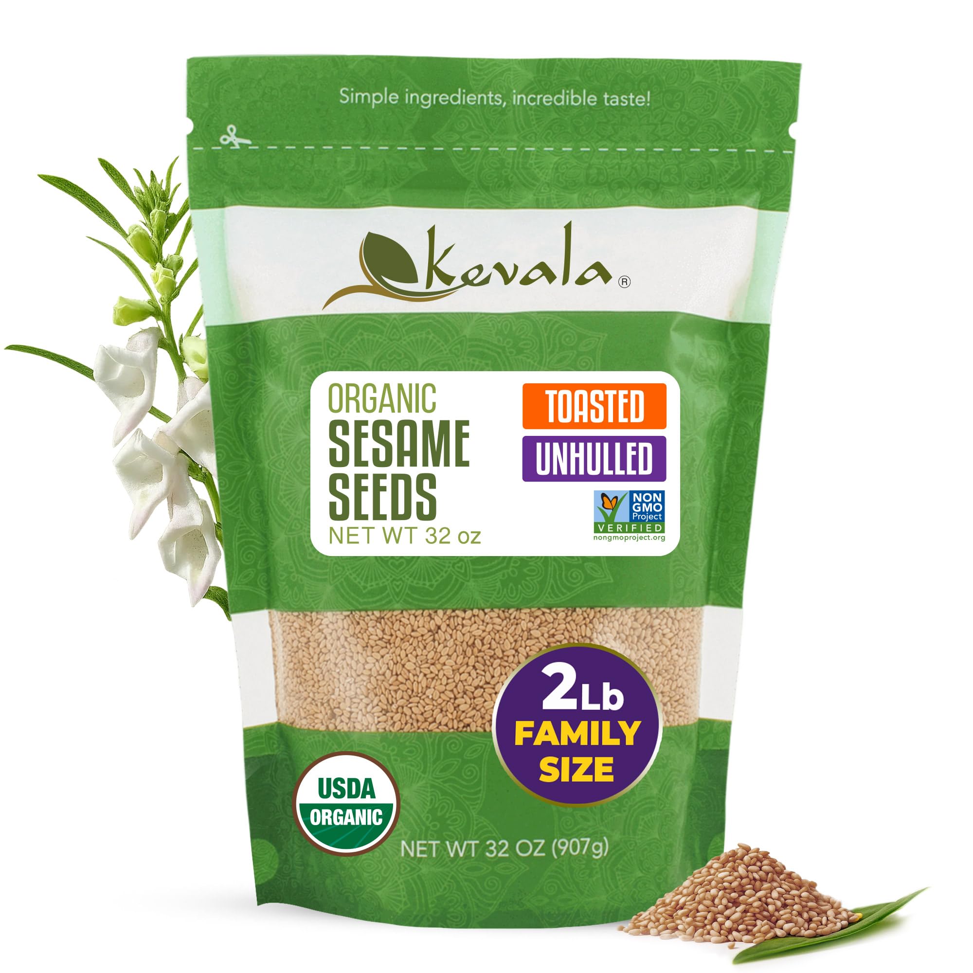 Organic Toasted Sesame Seeds (Unhulled) - Gluten-Free Topping for Asian Dishes, Ready to Eat Straight From the Bag, Roasted Seeds Great for Baking and Cooking at Home, Resealable Bag, 32 oz, 2 lb